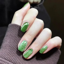 24PcsGreen Press On Nails - Medium Square Full Cover Gradient Glossy Acrylic False Nails - Glitter Reusable Stick On Nails