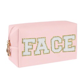 Preppy Patch Makeup Bag,Travel Cosmetic Bags PU Leather Portable Waterproof Toiletry Storage Case with Chenille Letter Zipper Daily Use Pouch for Women,Light Pink Face