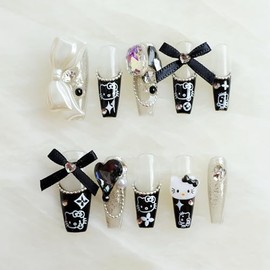 [GLORS] Purly Handmade Long Ballerina Press on Nails | Black False Nail with Cute Kitty | Salon Quality in Long Coffin Nail (XS, LC)