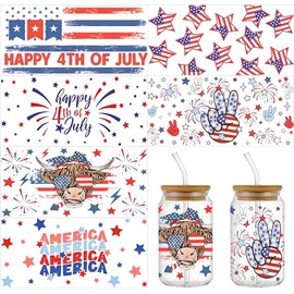 Generic 6 Sheets UV DTF Wrap Transfer for Cups, Independence Day Wrap Transfer Decal for 16 oz Glass Cup, July 4th Stickers for 16 oz Water Bottles, Set of 6 Sheets Waterproof Cup Print