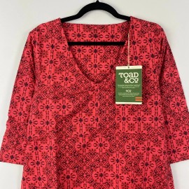 Toad&Co Toad & Co Rosalinda Dress Pockets Cranberry Patchwork Print V Neck Size XL