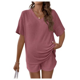 MakeMeChic Women's Maternity Pajamas Lounge Sets 2 Piece Outfits Short Sleeve Rib Knit Tops and Shorts Sets Pregnancy Clothes Rusty Rose Small