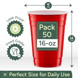 Zuvo Red Party Cups – 16oz Plastic Disposable Cups (Pack of 50) - Durable Red Plastic Cups for Birthdays, Events - Recyclable, Easy to Use, Iconic Party Drinkware