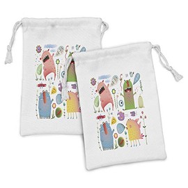 Ambesonne Funny Fabric Pouch Set of 2, Imaginary Creatures Fun Colorful Laughing Childish Monsters Flowers Cartoon Art, Small Drawstring Bag for Toiletries Masks and Favors, 9" x 6", Green Blue