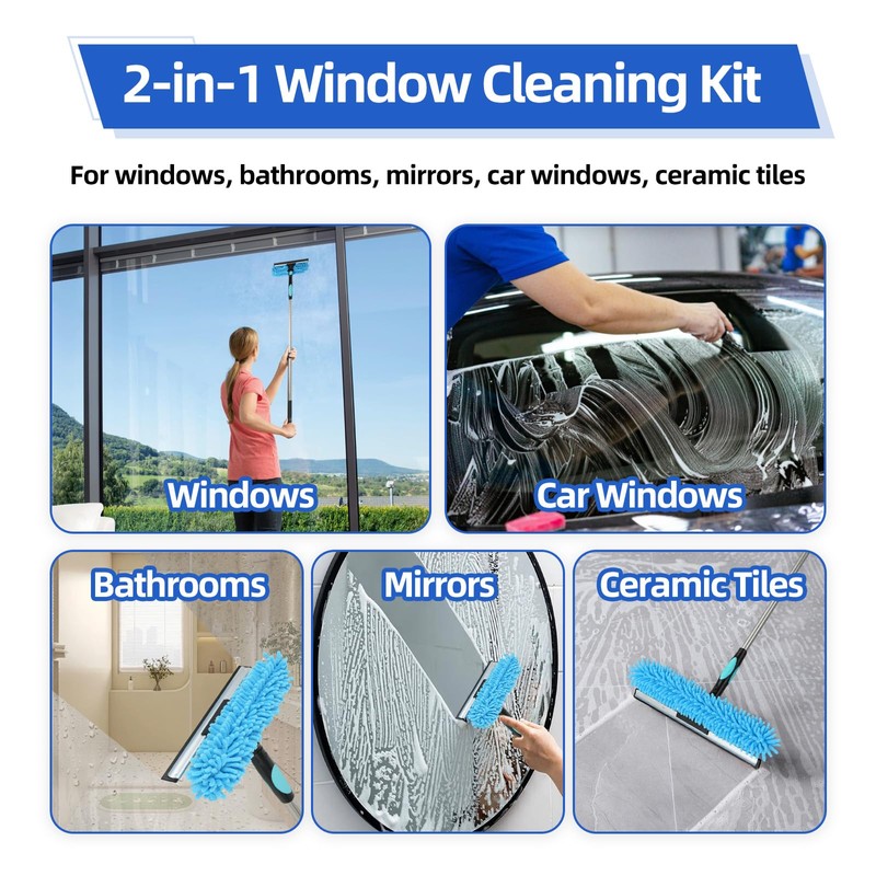 122'' Window Washing Kit with Extension Pole, 2-in-1 Window Cleaning