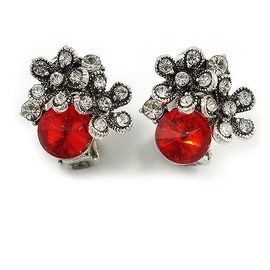 Red/Clear Crystal Floral Clip-on Earrings in Aged Silver Tone Metal - 17mm Tall