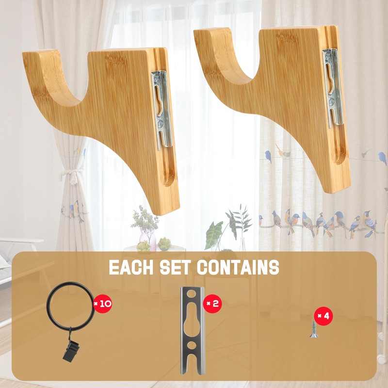 2 Pack Wooden Curtain Rod Brackets Multipurpose Curtain Rod Holders
