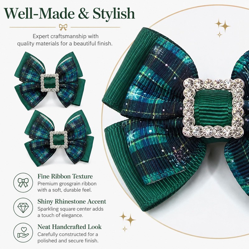 Green Plaid Hair Bows 2Pcs Christmas Rhinestone Square Clip