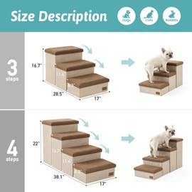Dog Stairs with Storage, 4-Step Wider Sturdy Dog Steps for Small/Medium/Large Dogs and Older Cats, Folding Doggie Ramp for Bed/Couch/Car Hold Up to 210 lbs (22" H, Brown)