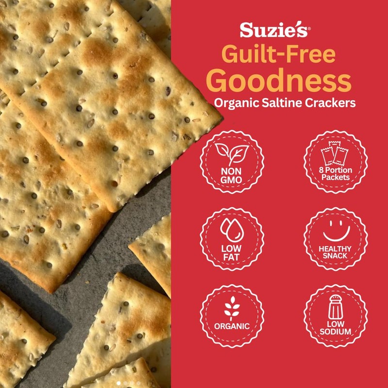Suzie's Organic Saltines Crackers|Salted w/Extra Virgin Olive Oil|Low Saturated Fat|Healthy