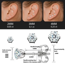 12 Pairs Small Stud Earrings for Women – Hypoallergenic Stainless Steel Tiny Earrings for Sensitive Ears, Cubic Zirconia Simulated Diamond Stud Earrings (2/3/4mm-12 pairs-silver)