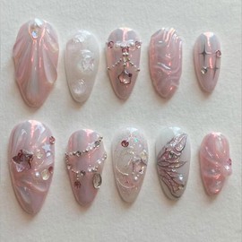 Handmade Press on Nails Pink Fake Nails 3D Ocean Shell Glue on Nails with Star Design Glossy Artificial Acrylic Full Cover Butterfly Stick on Nails Medium Almond False Nails for Women Manicure 24Pcs