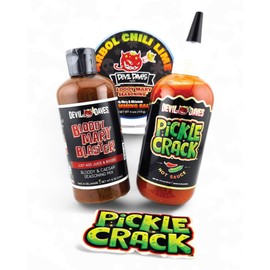 Gourmet Bloody Mary Kit by Devil Daves | Bloody Mary Seasoning, Pickle Crack Hot Sauce & Chili Lime Rimmer & Decal. Medium Heat