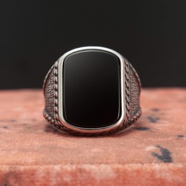WESTMIAJW Black Onyx Ring Men,Stainless Steel Gemstone Signet Ring Jewellery for Men,Natural Onyx Mens Signet Ring Size Z+1