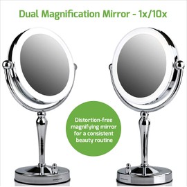 Ovente Lighted Makeup Mirror Tabletop 7.5'' 360 Degree Double Sided Spinning 1X 10X Round Magnifier, LED with Dimmer Switch, Acrylic Edge, Battery & USB Adapter Operated, Polished Chrome MKT75CH1X10X