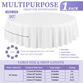 Showgeous Tablecloth White Round Tablecloth 228 cm Polyester Fabric Tablecloth Round Washable Tablecloth for Wedding Banquet Restaurant Buffet Parties Garden