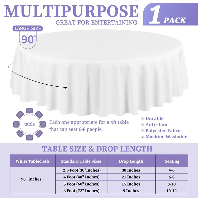 Showgeous Tablecloth White Round Tablecloth 228 cm Polyester Fabric Tablecloth