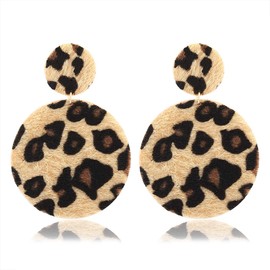 Leather Earring Leopard Print Fur Drop Dangle Earring for Women Double Round Circle Metal Drop Dangle Earring (brown)