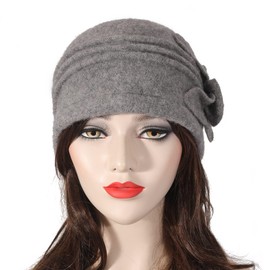 ZLYC Women Wool Cloche Bucket Hat 1920s Vintage Dress Winter Hats with Flower Accent (Flower Grey)
