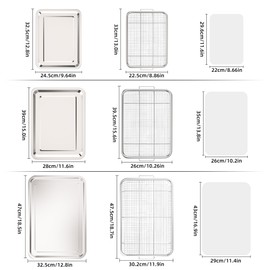 Air Fryer Basket for Oven, 3 Set Stainless Steel Oven Air Fryer Basket and Tray with 90 PCS Parchment Papers, OPENICE Air Fryer Pans and Crisper Tray - 18.7" x 12.8", 15.6" × 11.6" & 12.8" × 9.6"