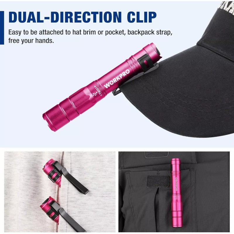 WORKPRO 2Pack Rechargeable Mini Pen Light Flashlight LED Pocket Flashlight