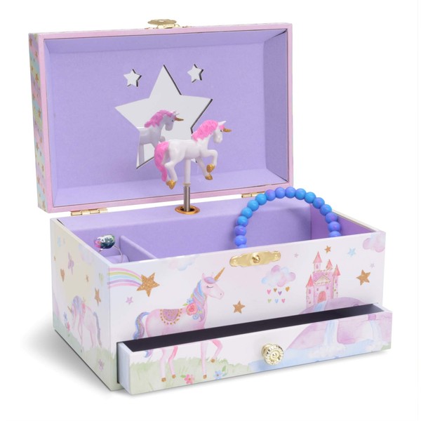 Jewelkeeper Girl's Musical Jewelry Storage Box with Pullout Drawer, Glitter Rainbow and Stars Unicorn Design, The Unicorn Tune