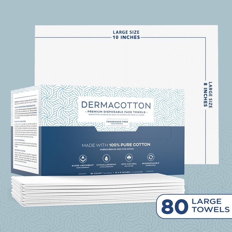 Dermacotton 100% Pure Cotton Face Towels – 80 Count Large