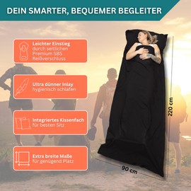 SEESCHWALBE Cotton Sleeping Bag, Ultralight Sleeping Bag, Small Pack Size, Ticking with Cushion Compartment, Compact and Small (Black)