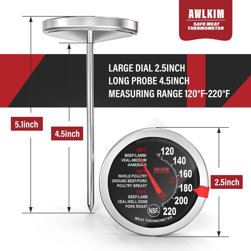 AWLKIM 2 Pack Stainless Steel Meat Thermometer, Safe Leave in