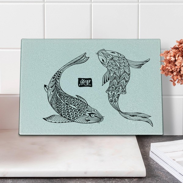 Lunarable Japanese Cutting Board, Pattern of Hand Drawn Koi Fish