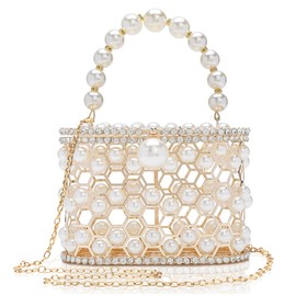 Pearl Evening Handbag Women Clear Clutch Purses with Diamonds for Wedding Prom Birthday Party Dinner Accessories (White)
