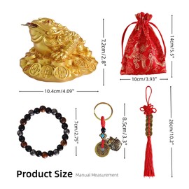 Bigger Feng Shui Money Frog，4inch Gold Three Legged Toad Set with Chinese Fortune Coins Lucky Cat Keychain Triple Protection Bracelet Red Gifts Bag and Blessing Card for Attracting Wealth Success