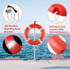 23" Life Ring Boat Safety Throw Ring with Water Floating Lifesaving Rope 50’ and Horseshoe Buoy Bracket for Boating Safety - Orange
