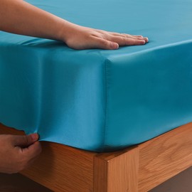 ROOEE Satin Silk Fitted Sheet with Pillowcase Set Breathable Soft Bedding Brushed Fabric Wrinkle, Shrinkage and Fade Resistant Bottom Bed Sheets (TEAL, Double)