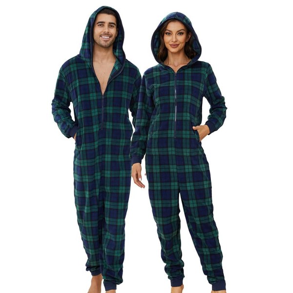 U2SKIIN Men Onesie Pajama Sets, Hooded Zipper Christmas Matching Plaid