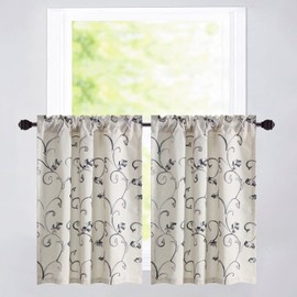 VOGOL Kitchen Curtain Valances for Small Windows, Gray Vines Embroidered Faux Linen Tier Curtains Pocket Valances Panel Drapes for Kitchen Bathroom, 30 x 36, 2 Pieces