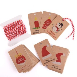 KUUQA 50 Pieces Kraft Paper Christmas Note Tags for Christmas Note Tags Wrapping Label with Hanging Rope, 5 Different Design