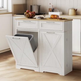 DWVO Tilt Out Trash Can Cabinet, 10 Gallon Kitchen Garbage Cabinet with 2 Drawers & Adjustable Shelves, Trash Bin Cabinets for Kitchen Living Room, Off White