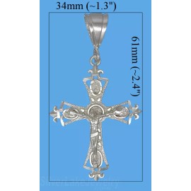 SLJ Sterling Silver Diamond-cut Fleur-de-lis Jesus Crucifix Cross Charm Pendant