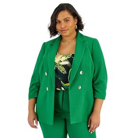 BarIII Women's Plus Size Faux Double-Breasted Ruched-Sleeve Blazer (Green Chili, 3X)