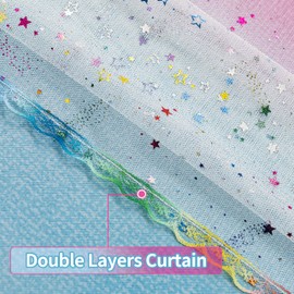 Verycurtain 2-in-1 Double-Layer Kids & Girls Unicorn Princess Ombre Blackout Curtains with Foil Print Sheer, 2 Panels Set for Bedroom, Nursery, Living Room - Yellow Purple Blue, 52W x 45L