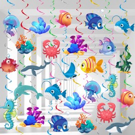 Sea Animals Hanging Swirl Decorations, 32 Pcs Under Sea Hanging Swirls Decoration, Ocean Ceiling Hanging Swirls & Undersea Spiral Decoration, for Ocean Theme Party & Under the Sea Party Decorations