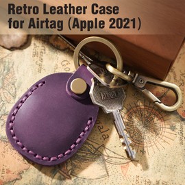 Genuine Leather Airtag Holder, Portable Air Tag Keychain with Key Rings Full Coverage Air Tags Hidden Case Cover Compatible for AirTags Purple