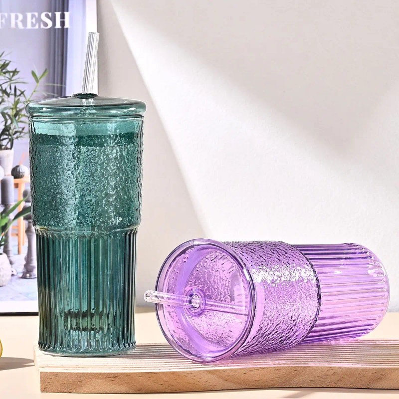 20 oz 2-pack Green Glass Straw Cup with Vertical Pattern