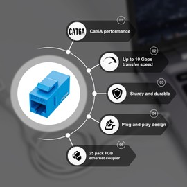 FGB 10 Gbps CAT6A RJ45 Keystone Coupler 25-Pack, RJ45 Keystone Jack, Ethernet Coupler Female to Female UTP for Cat6a/Cat6/Cat5e/Cat5, Blue
