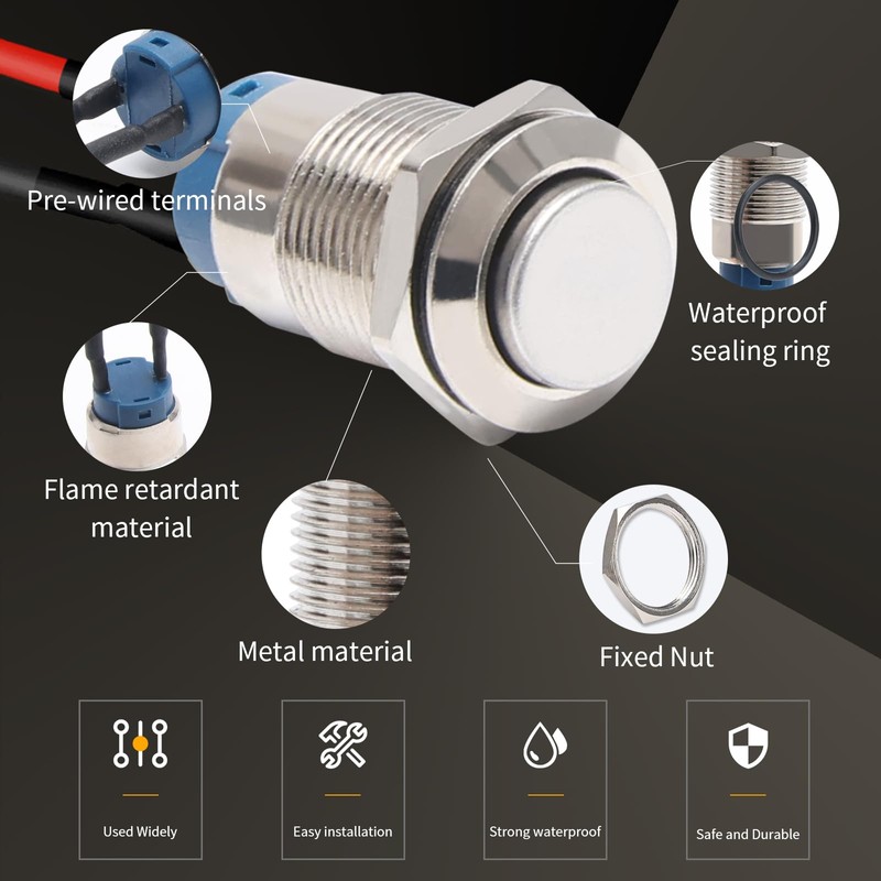 STARELO 5pcs 12mm Latching Push Button Switch Silver Shell with