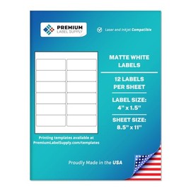 Premium Label Supply White Sticker Address Labels – 4" x 1.5" – Laser/Inkjet Compatible – (12 per Sheet), 100 Sheets – 1,200 Total Adhesive Labels