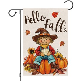 Heyfibro Hello Fall Scarecrow Garden Flag 12x18 Double Sided Burlap, Autumn Pumpkin Sunflower Yard Flags for Thanksgiving Rustic Farmhouse Seasonal Outside Outdoor Decoration (ONLY FLAG)