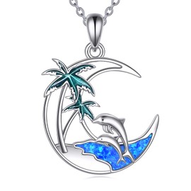 Grmdit Dolphin Necklace Sterling Silver Moon Pendant Opal Jewelry Gifts for Women