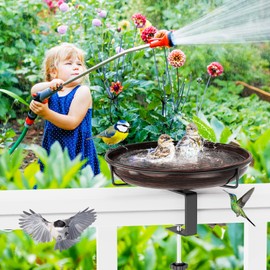 ODSNANIE Deck Mounted Metal Bird Bath for Outside, Detachable Birdbath Bowl with Adjustable Steel Clamp, Outdoor Bird Feeder for Railing Balcony Fence Yard Art Garden Decor (Vintage Bronze)